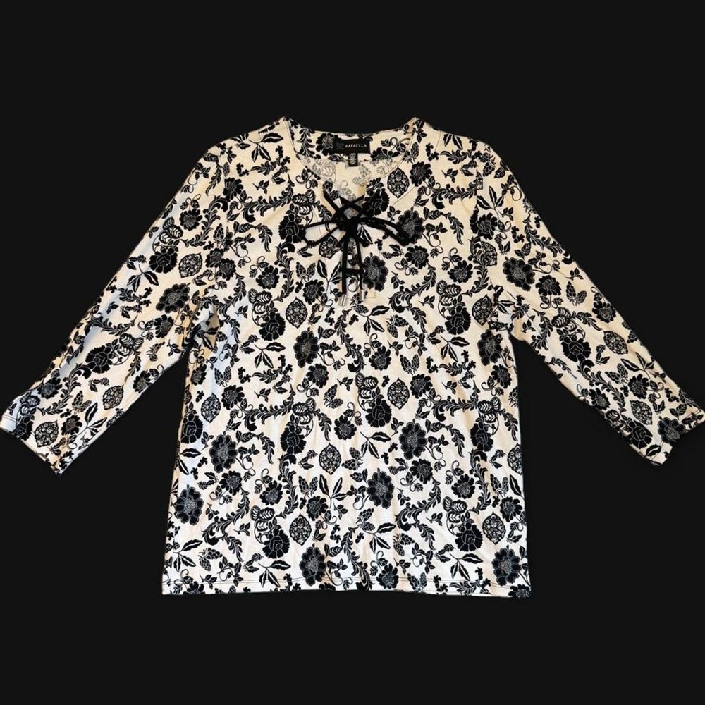 Y2K Whimsigoth Rafaella Floral Lace-Up Top Size L Black White 3/4 Sleeve Grommet